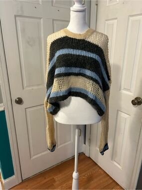 Kimchi Blue Striped Open-Weave Cropped Sweater - Beige, Blue, Black